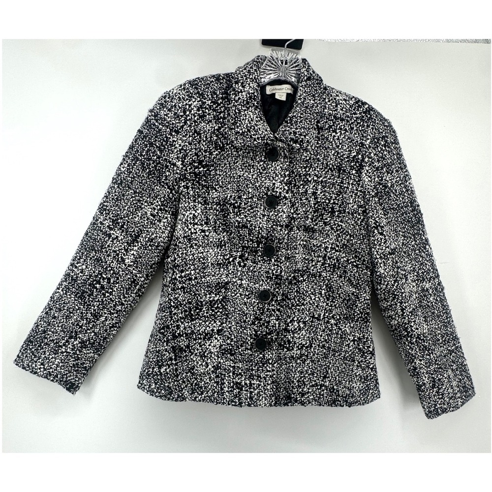 Coldwater Creek Women P8 Black White Tweed Button Front Jacket Salt and Pepper
